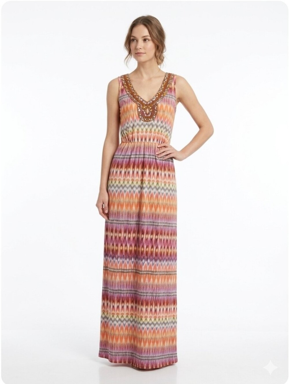 Sonoma Life + Style Beaded V-neck Bohemian Maxi Dress Pink Orange Cotton Modal S